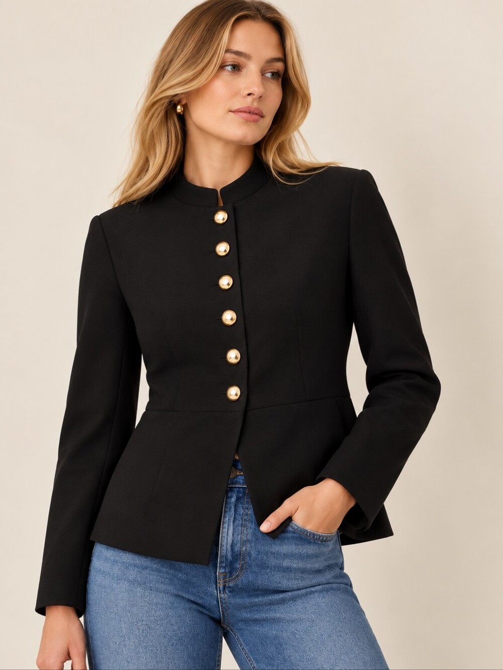 MNG Mango Black Collarless Blazer Gold Button Size S NWT